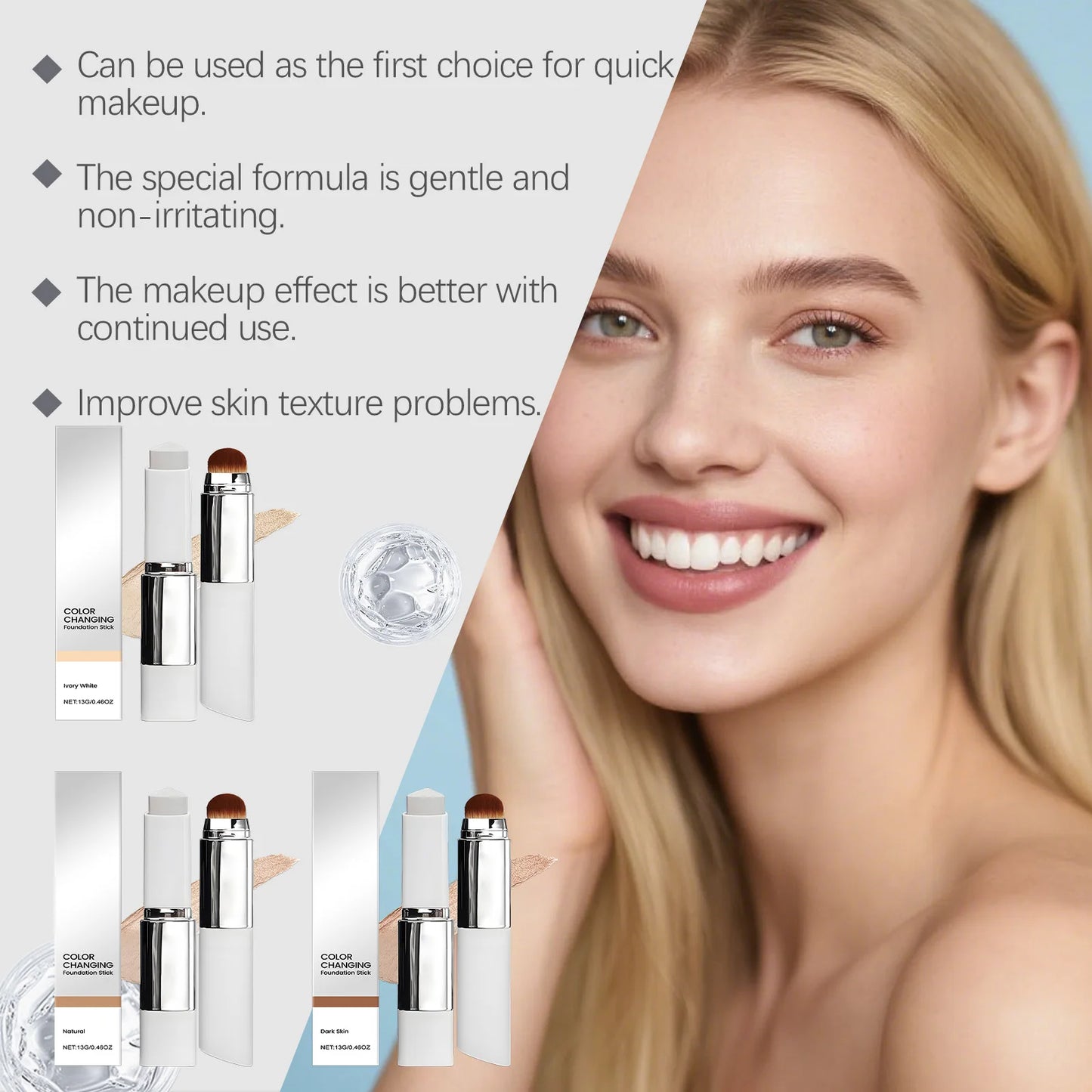 Color-Adjusting Foundation Stick – Moisturizing Full Coverage with Convenient Blending Brush
